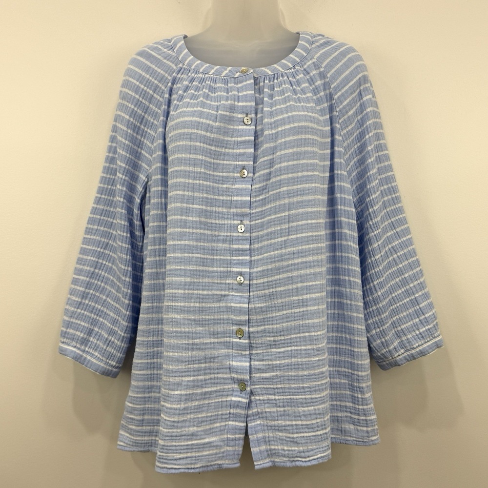 J Jill Gauze Top XL Stripe Nautical Coastal Lagenlook Boxy Preppy Nantucket